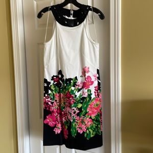 Donna Morgan sleeveless dress Size 4 white background with black, pink, greens